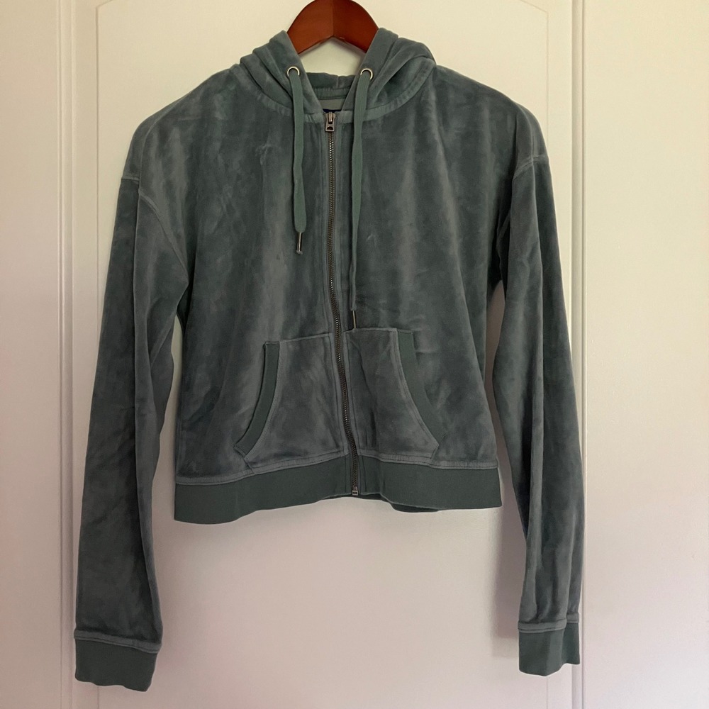 Aeropostale Velour Zip Up Hoodie Sage Green Cropped Sweatshirt Small
